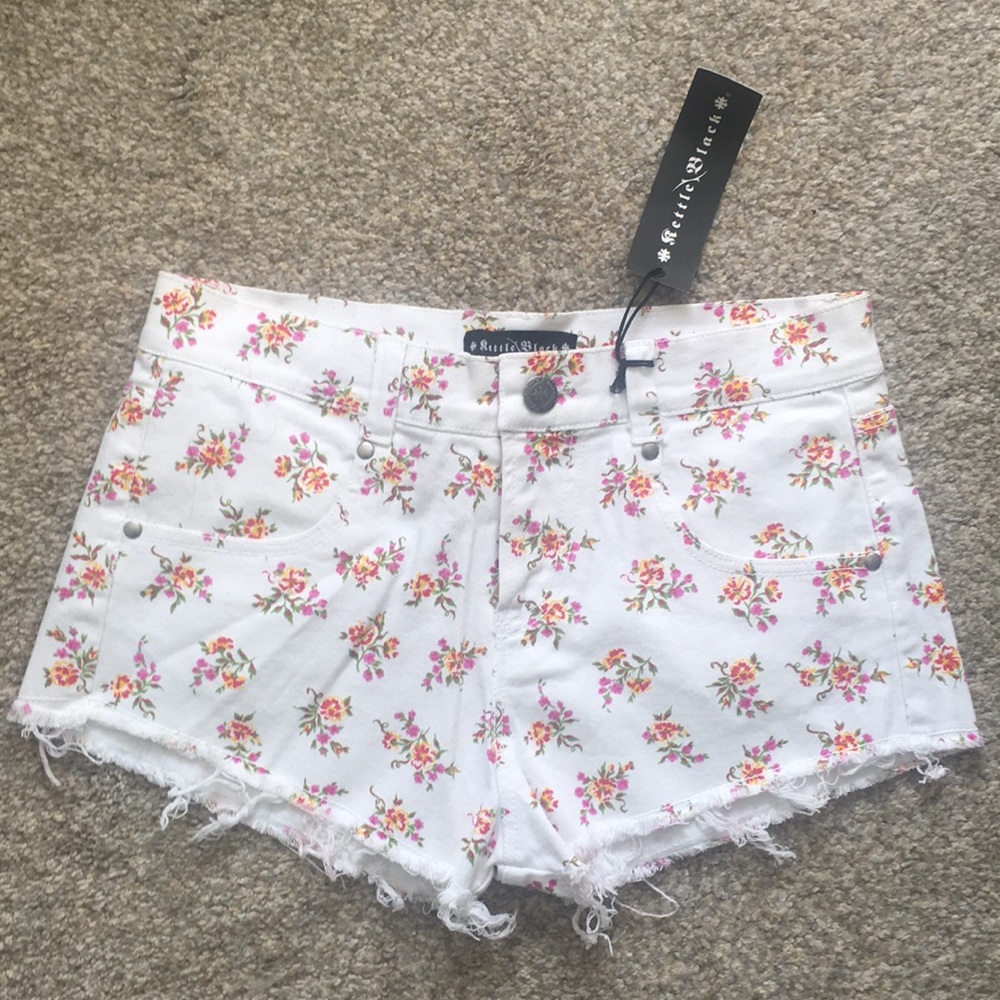 Kettle Black Floral White Denim Shorts Frayed Hems